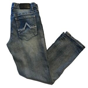 True Luck Mens Stretch Bootcut Jeans Size 34 x 32 Whiskering Big Stitch Blue